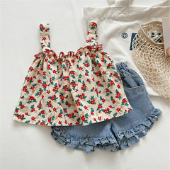 夏季女童套裝寶寶洋氣兒童個性潮韓版碎花吊帶背心牛仔短褲兩件套