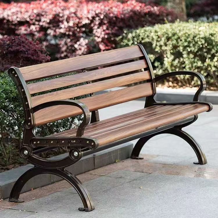 Outdoor Bench for Community Use, Waterproof and Sun-Resistant, Public Backrest Chair, Two or Three-Seater, Cast Aluminum Armrests, Anti-Corrosion Wood, Park Chair