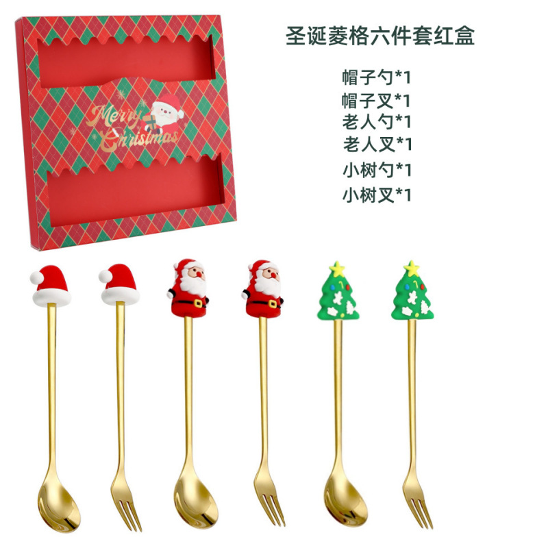 跨境圣诞餐具不锈钢勺叉套装创意雪人勺子叉子咖啡搅拌勺水果叉|undefined
