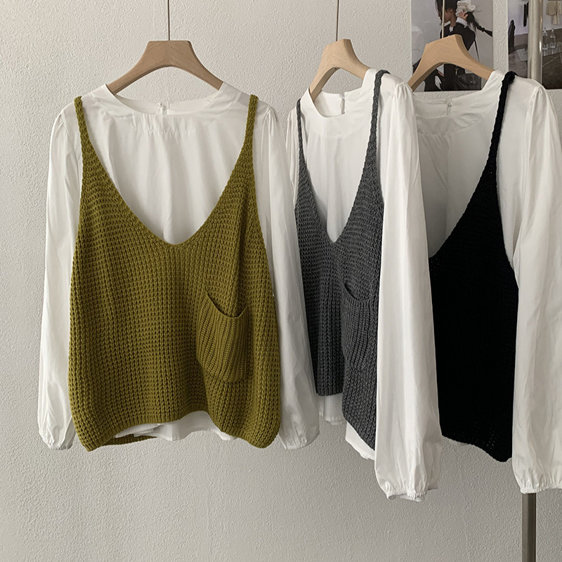 2025 Spring and Autumn Cross-Border Solid Color V-Neck Artistic Knit Sweater Vest New Plus Size Sweater Layering for Plus-Size Women