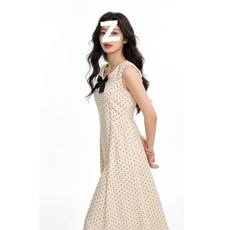 2026 Stunning Bow-Knot Elegant Polka Dot Slimming French-Style Korean Niche Waist-Cinching Pleated Long Korean-Style Dress