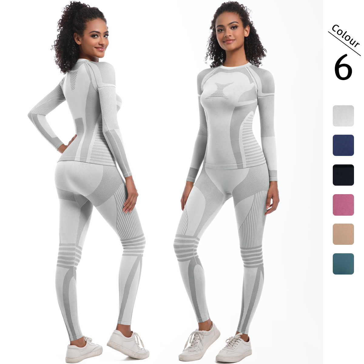 Cross-border sin costuras tejido ajustado elástico alto conjunto de trajes de esquí de deportes, carrera, fitness, yoga de dos piezas para mujeres