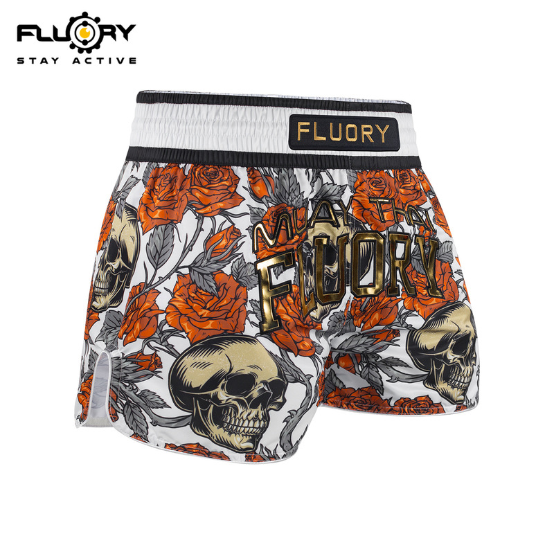 FLUORY Muay Thai Shorts for Sanda Fighting and Combat Training, Children's and Adults' Boxing Shorts, Red Flower Skull New Model