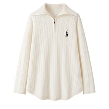 100纯山羊绒加厚中长韩版小马刺绣拉链翻领毛衣慵懒风麻花羊绒衫