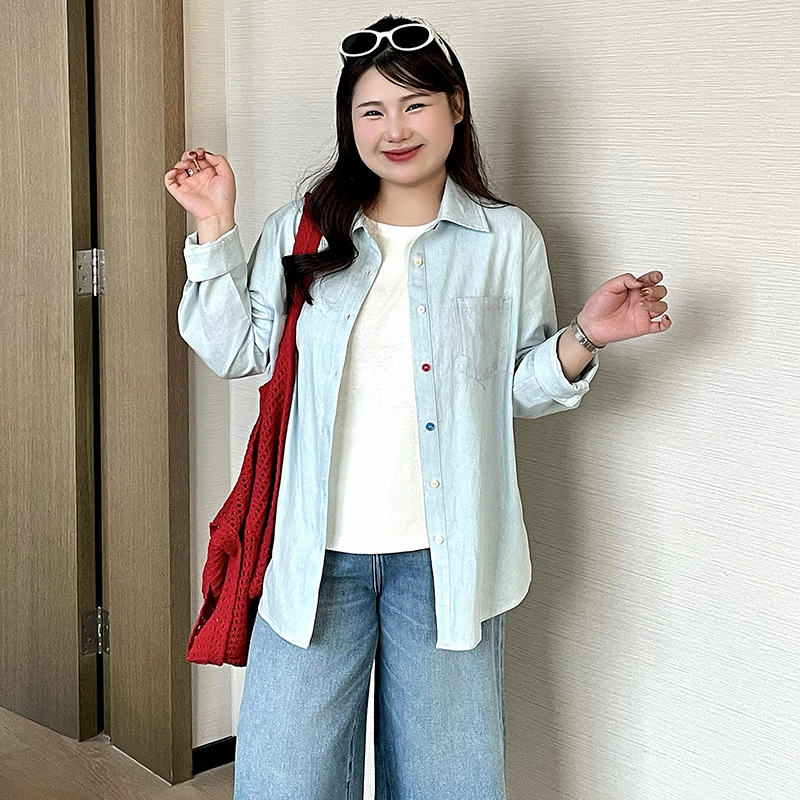Plus-Size Women's Casual Polo Collar Shirt Denim Jacket 2026 Autumn Loose Shirt Cardigan for Fat Women Ns1530