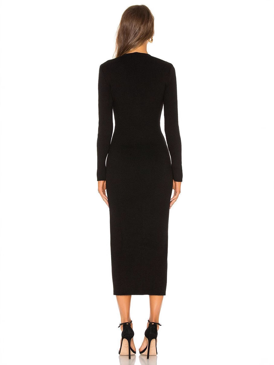 Annual women's knit long-sleeved single-breasted dress V-neck slim long dress