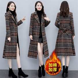 主推现货秒发英伦风加厚夹棉格纹毛呢中长款保暖外套大衣