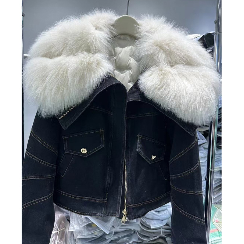 Oversized Denim Jacket With Faux Fox Fur Collar – Vintage Loose Fit Zip-Up Coat For Women (Light Blue & Black, One Size Fits Most)​_ecoleips.com