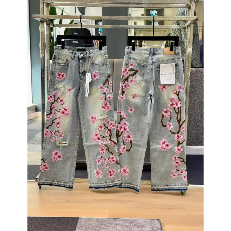 桜刺繍入りデニムパンツ！リッピングデザイン、ファッショナブルでカジュアル、スリムでストリートスタイル-WL617|undefined