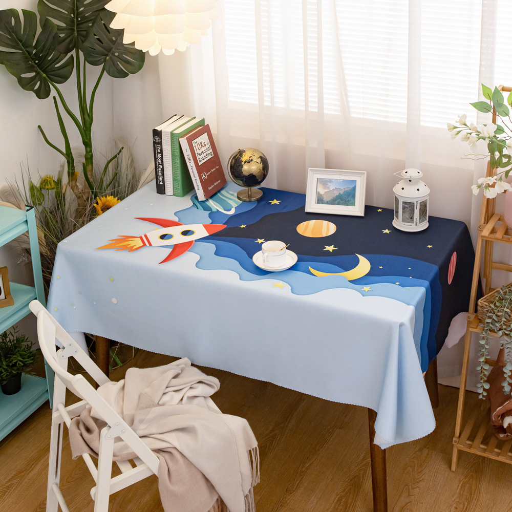 Cartoon astronaut tablecloth waterproof fabric table cloth coffee table tablecloth space cute desk children's room decorative cloth