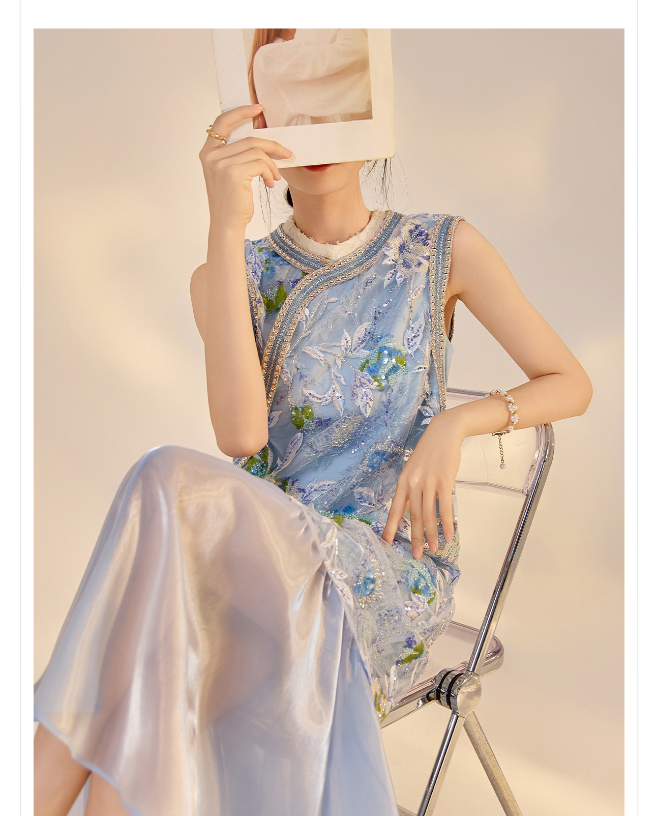 Váy sườn xám maxi thêu sequin phong cách Trung Quốc mới mùa hè N5042 — hồng, Xanh lam sông băng chi tiết 2