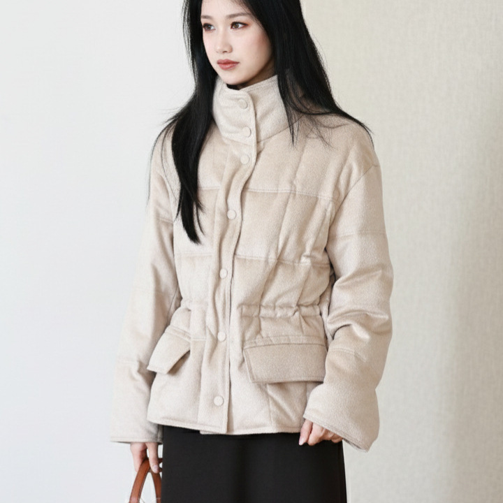 【云柔美物】奢暖驼绒绢丝90白鹅绒短款羽绒服 复古立领收腰外套