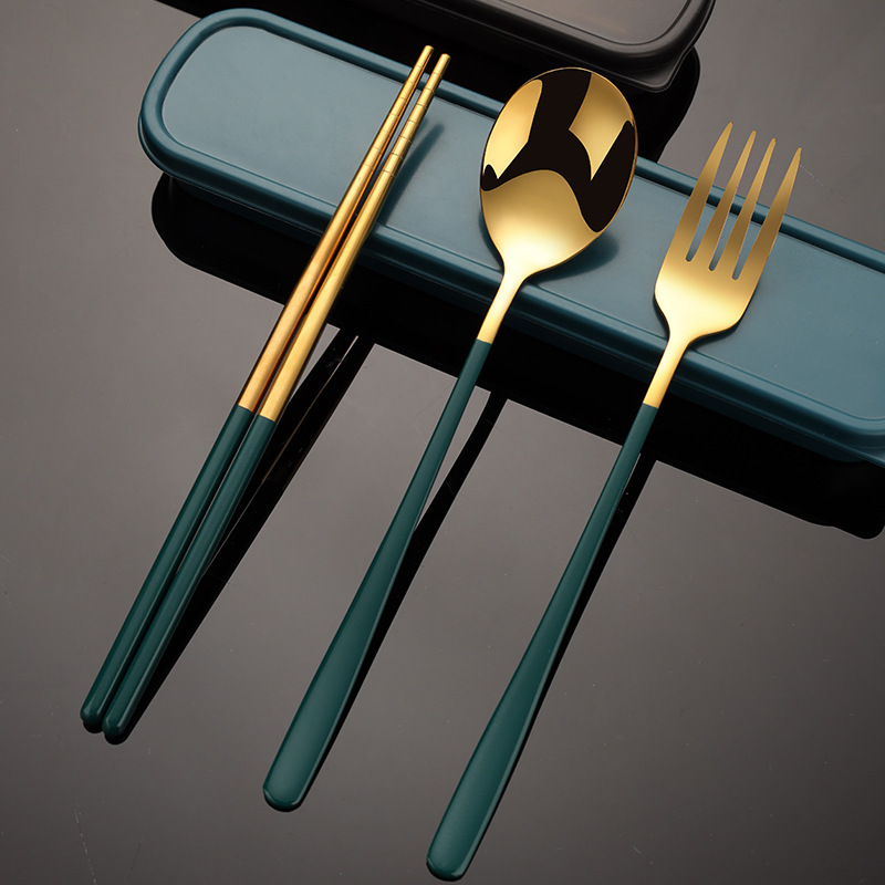 Portable Cutlery Set Stainless Steel Spoon Chopsticks Set Spoon and Fork Three-Piece Set Travel Student Gift Portable