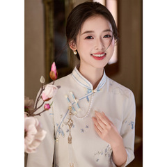 刺绣白色国风中式长款改良中袖旗袍秋季2025新款少女复古修身收腰