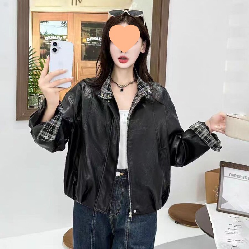 短款格子拼接洋气皮衣外套女2025秋季新款小个子复古机车夹克上衣|undefined