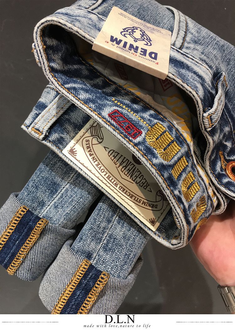 Hochwertige Jeans mit bedrucktem Bund für Herren im Sommer, trendige, elastische, schmal geschnittene Freizeithose für den Jugendtrend_voghion.com