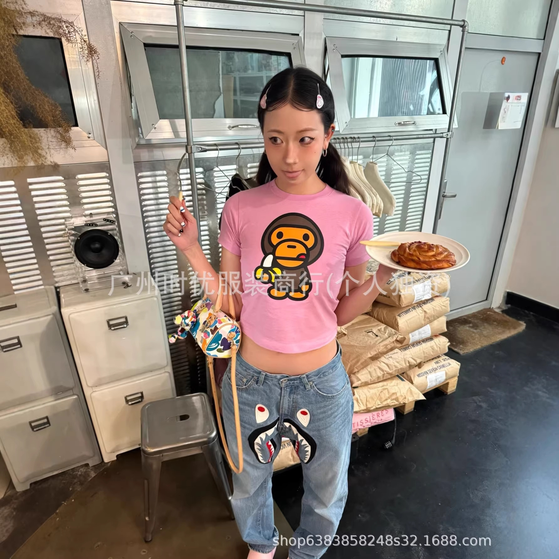 Children's Clothing Bap-Baby Japanese Trendy Brand Summer New Style Monkey Banana Print Girls' Short-Sleeved T-Shirt 2