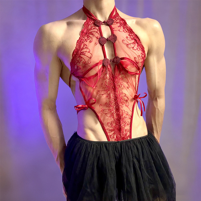 Lobe Sexy Lingerie Lace See-Through Cheongsam Style Uniform Hot Backless Open-Crotch No-Take-Off Bodysuit Wholesale