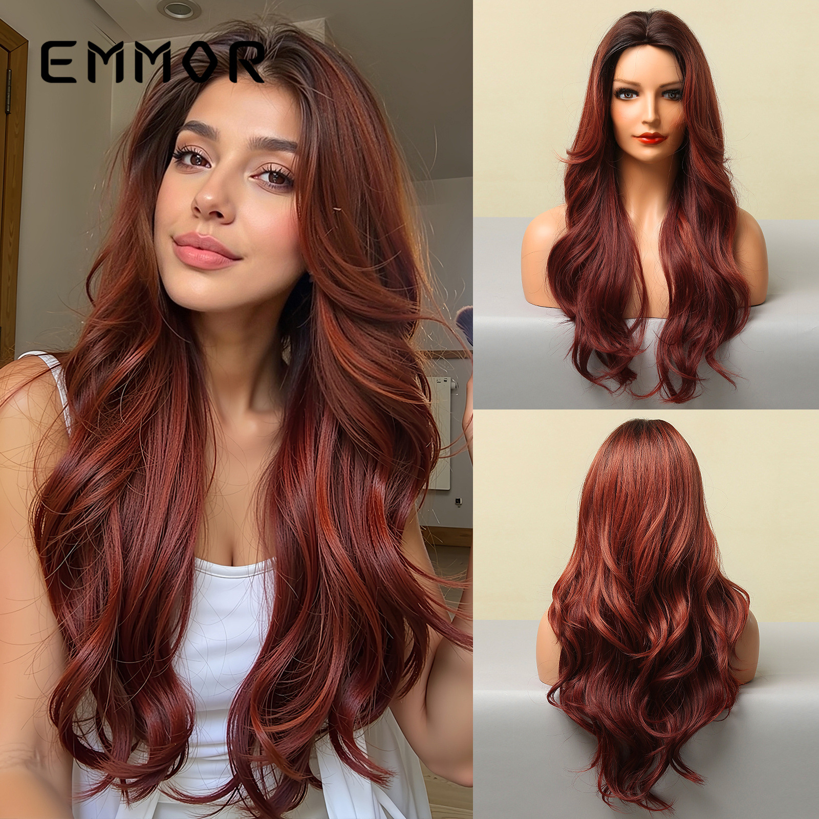 En stock entrega de una sola pieza medio gradiente rojo gran ola europea y americana larga peluca rizada Cosplay pelucas tocados
