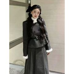 韩系富家千金小香风套装女秋冬高级感穿搭双排扣外套半身裙两件套