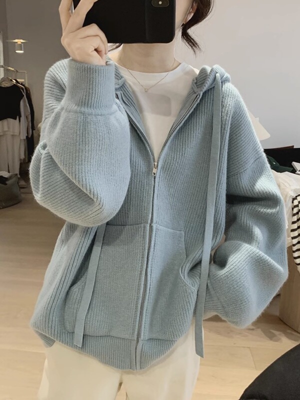 Blue Loose Hooded Zipper Sweater Women's Autumn and Winter Gentle Soft Waxy Lazy Style Knitted Cardigan Top Coat