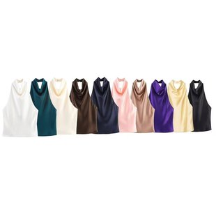 Foreign Trade Order! Spring and Summer New European and American Style Women's Fashion Sexy Hot Girl Silk Satin Texture Halter Top 3203317
