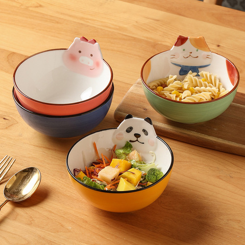 Wholesale set of cute cartoon ceramic salad bowls with underglaze fruit and rice bowl salad bowl combination tableware