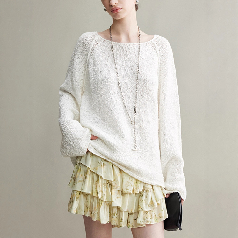 2025 Autumn New Curled Soft Loose Versatile Lazy Pullover Off-Shoulder Long Sleeve Sweater Knit Cardigan for Women