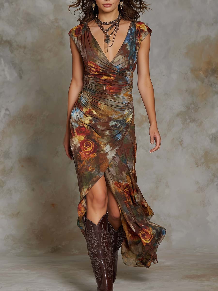 2026 Summer New Style European and American Amazon Cross-Border Foreign Trade Women's V-Neck Sleeveless Pleated Holiday Long Dress