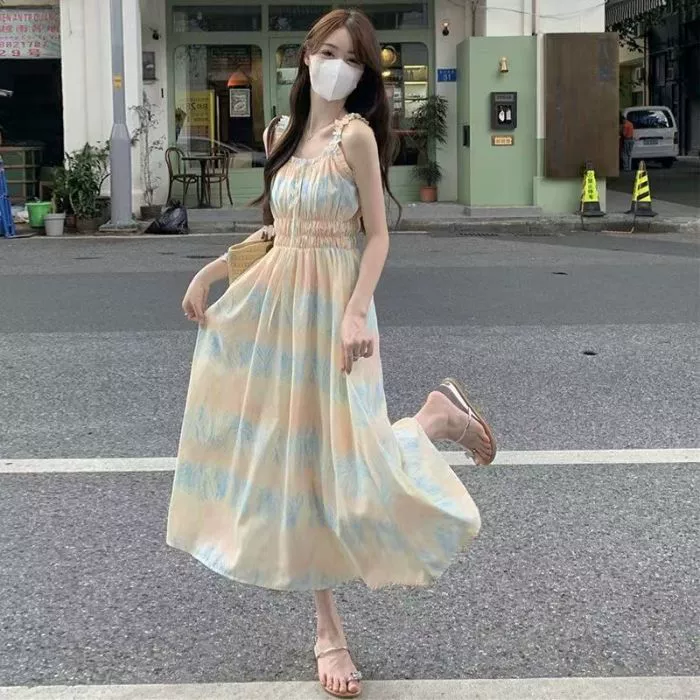 Женская летняя юбка-миди с цветочным принтом, на бретелях,  для тонкой фигуры,  новый стиль,  с подолом «ушко»,  в стиле «первого любовника»,  сладкое платье для внешней торговли.