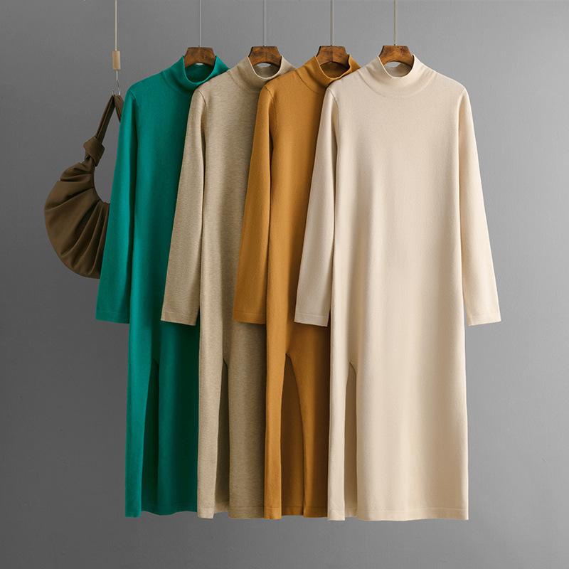 Half-Collar New Knitted Dress for Women 2024 Autumn and Winter Pure Color Slit Long-Sleeved Bottoming Pants with Sweater Skirt
