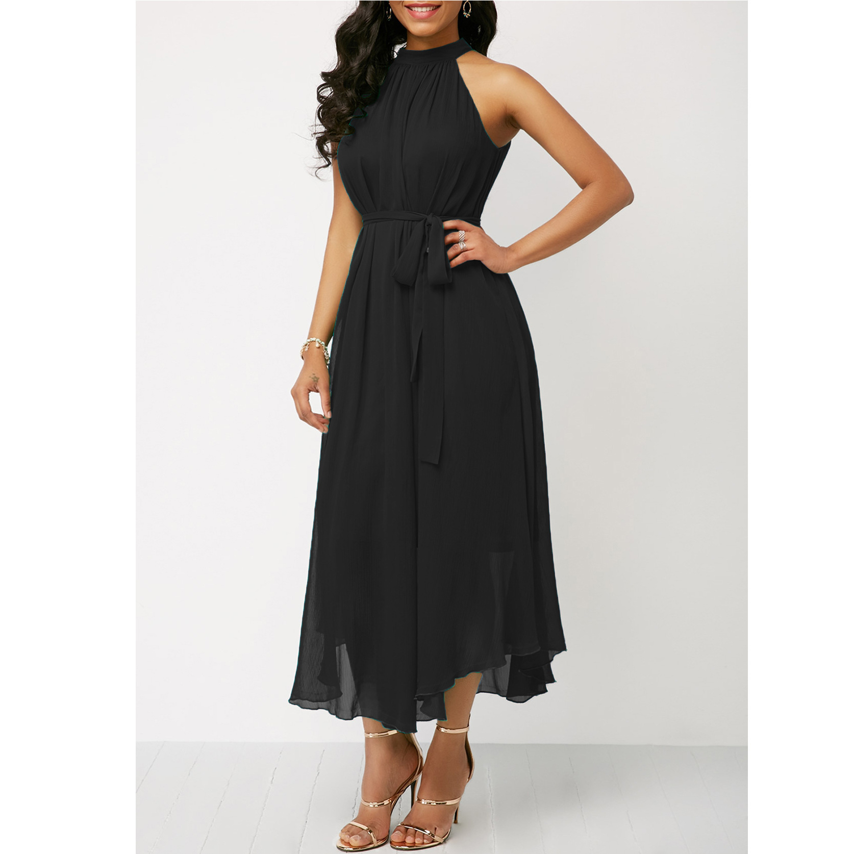 European and American spring and summer halterneck off-shoulder chiffon pleated dress plus size brand women's clothing cross-border supply_senzul.com