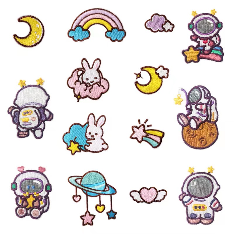 新款自粘布贴太空人星球刺绣贴电脑绣花章可爱云朵彩虹补丁贴电绣