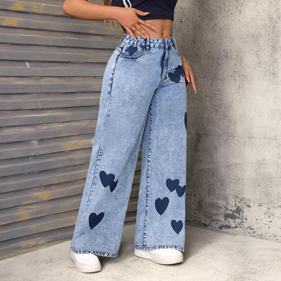 Women's Clothing Retro Women's Denim Trousers Heart Print Loose Fit European American Style For Formal & Casual_ecoleips.com