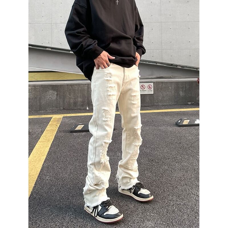 American-style vintage frayed fake ripped jeans men's ins fashion brand high street vibe straight skinny black trousers American-style vintage frayed fake ripped jeans men's ins fashion brand high street vibe straight skinny black trousers