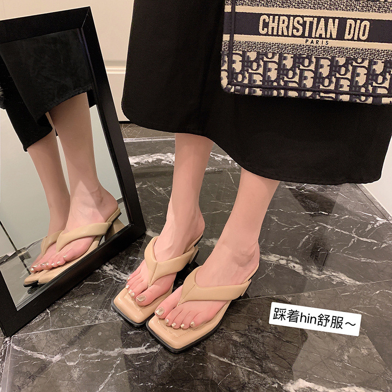 Dép sandal nữ xỏ ngón da cừu mũi vuông gót thấp — Màu đen chi tiết 7