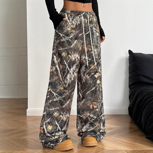 American-style fashionable loose-fitting elastic waistband camo print slim-leg floor-length pants for teenage girls