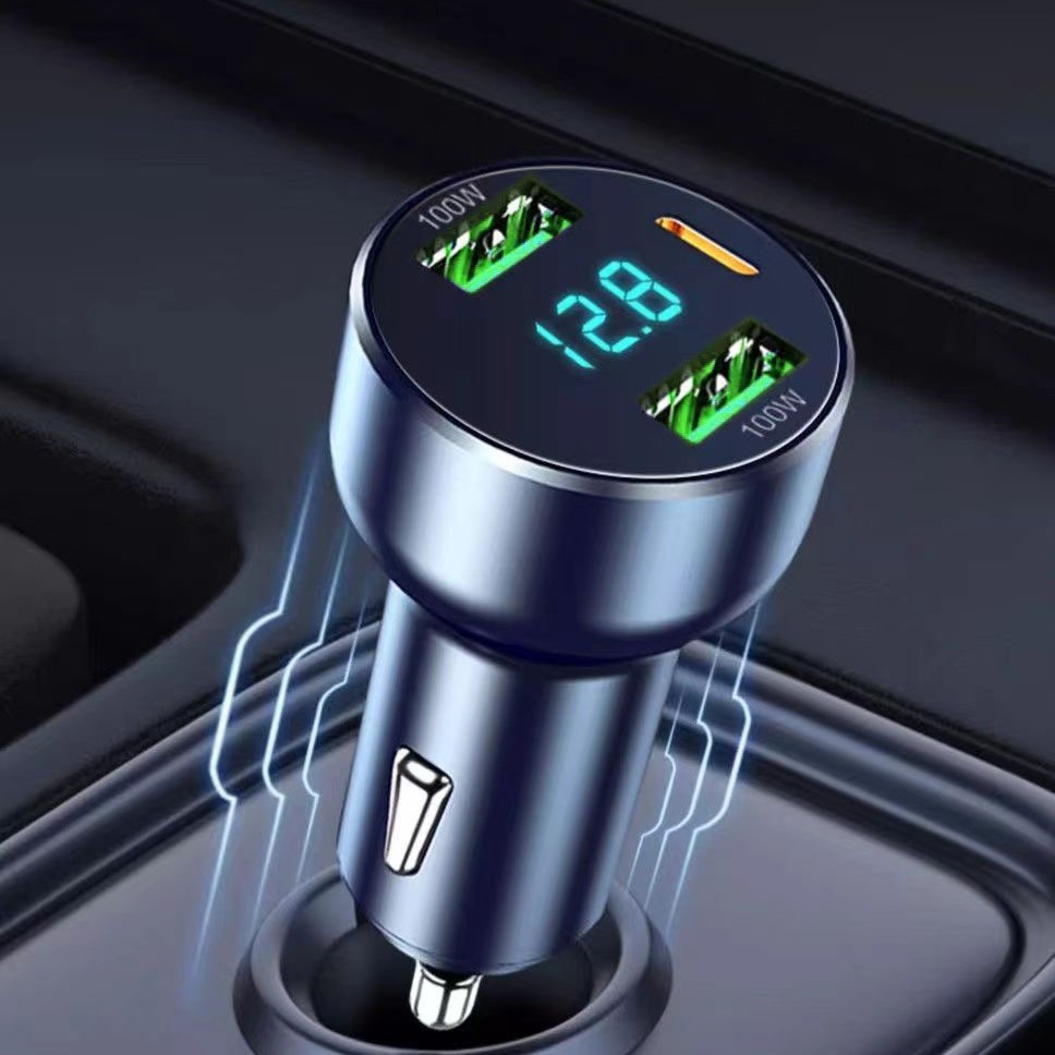 车载充电器快充一拖三数显点烟器车充直销多口大功率车用快充数显