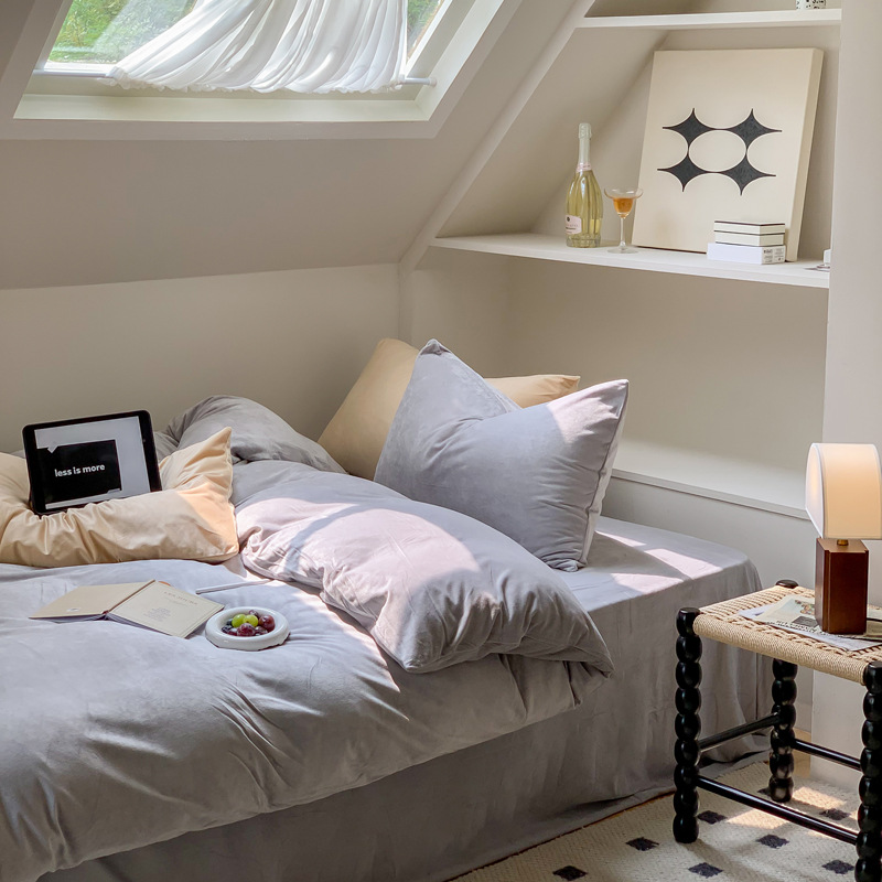 ins简约冬季薄绒水晶绒四件套天鹅绒纯色床单被套1.5床笠三件套4