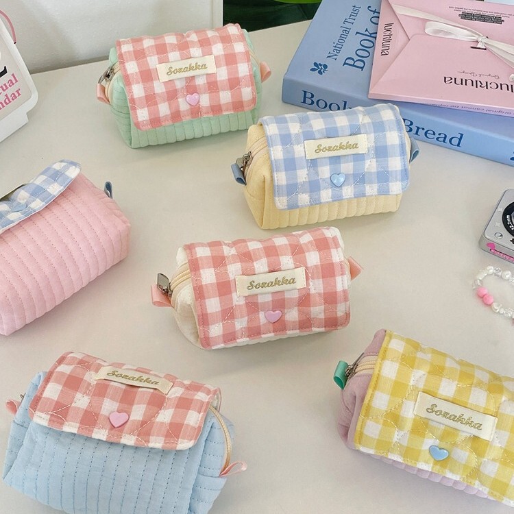 64233 Creamy Yellow and Blue Checkered Quilted Storage Bag with Flip Cover for Cd Camera, Portable Lipstick and Powder Storage 64233 Creamy Yellow and Blue Checkered Quilted Storage Bag with Flip Cover for Cd Camera, Portable Lipstick and Powder Storage