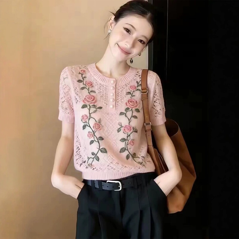 Korean-Style Round-Neck Rose Print Knitted T-Shirt for Women 2026 Summer New Lightweight Breathable Elegant Top with Lace