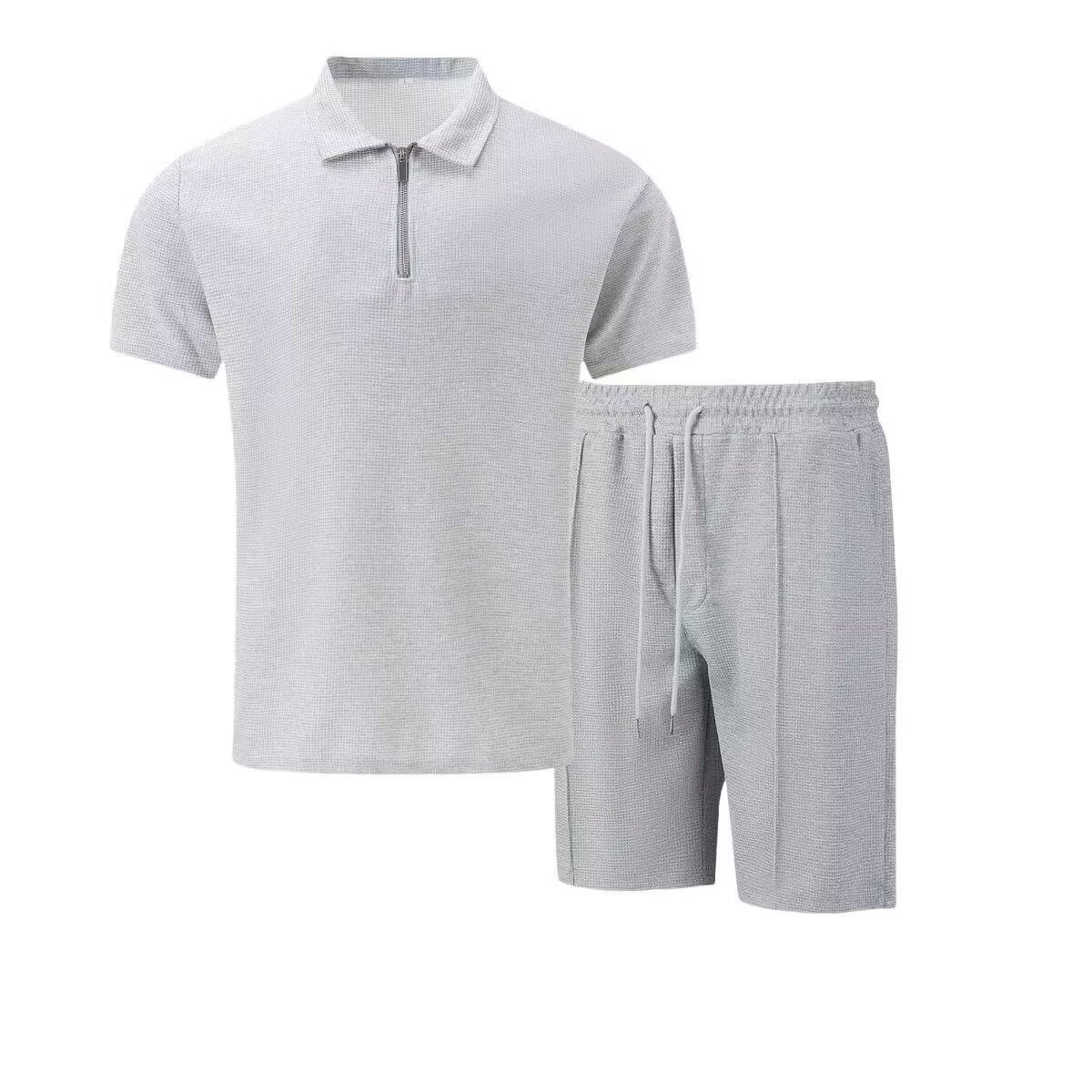 Terno masculino de cor sólida, manga curta, gola waffle, meio zíper, estilo verão._voghion.com