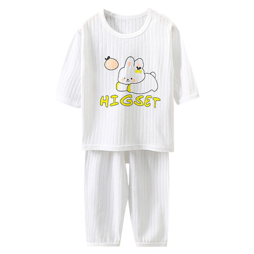  Summer Kids’ Pure Cotton Homewear Set: Boys’ and Girls’ Thin Pajamas with Breathable Three-Quarter Sleeves—Perfect for Baby’s Air-Conditioned Room Use