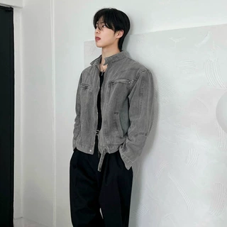 MYQ水洗灰立领牛仔外套男春季宽松短款夹克韩版潮流设计感上衣