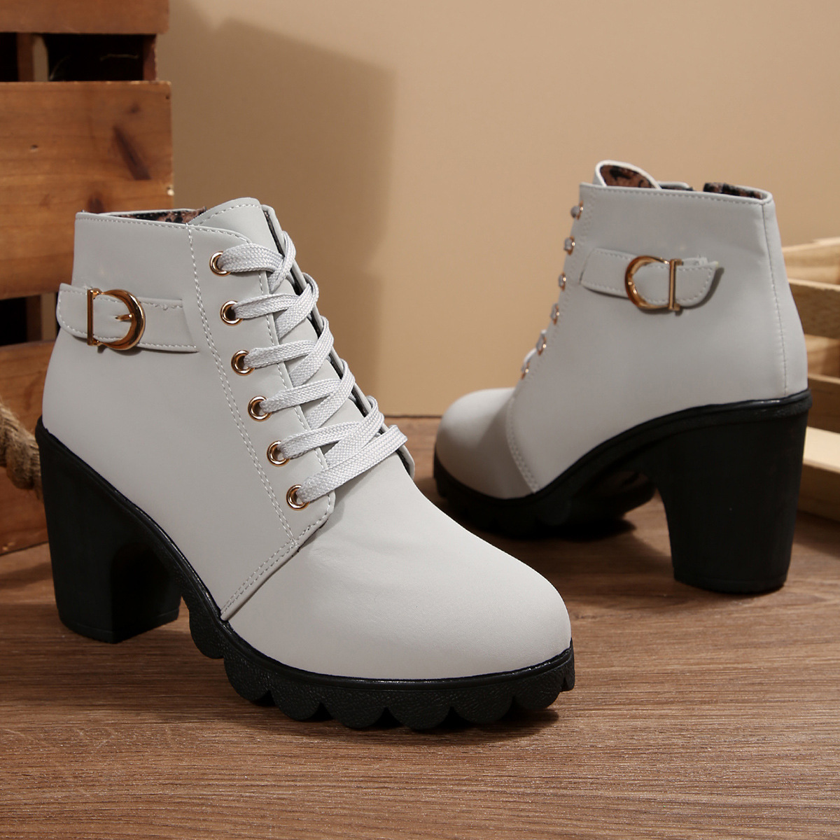 ShoeVault Women's Leather Low-Cut Chunky Round Toe High Heel Lace-Up Brown Ankle Boots Spring Autumn Plus Size Height Increasing_vogvips.com