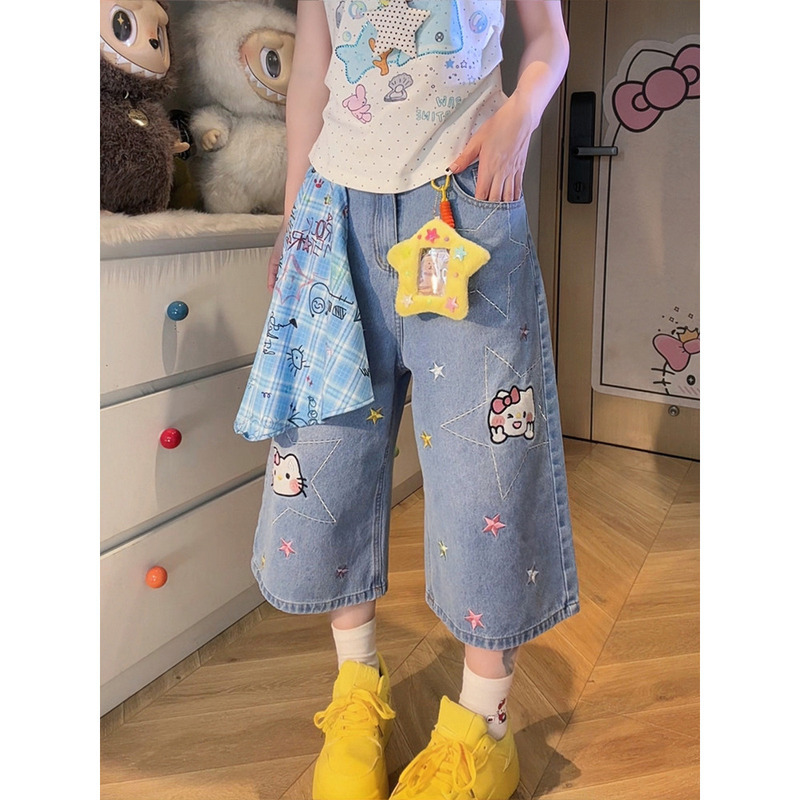 Cute Cartoon Embroidery 2026 Summer New Style Washed Denim Cropped Pants for Women Casual Versatile Wide-Leg Pants