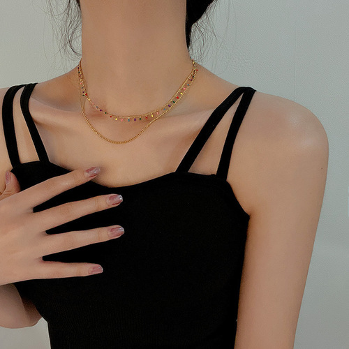 Colorful enamel craft necklace for women, double-layer titanium steel, unique design, niche clavicle chain, new trendy jewelry