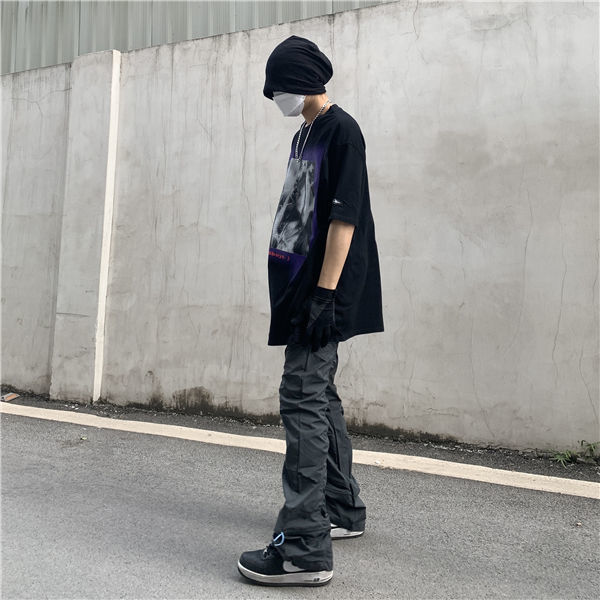 High Street Functional Vibe Style Folded Stacked Micro Horn Long Pants for Men's American Slim Fit Street Instagram Versatile Casual Pants_voghion.com