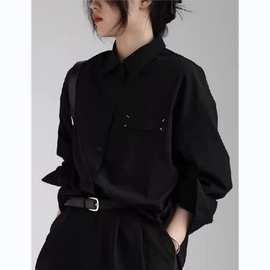 设计感小众复古黑衬衫女秋季新款宽松百搭高级感气质通勤长袖上衣