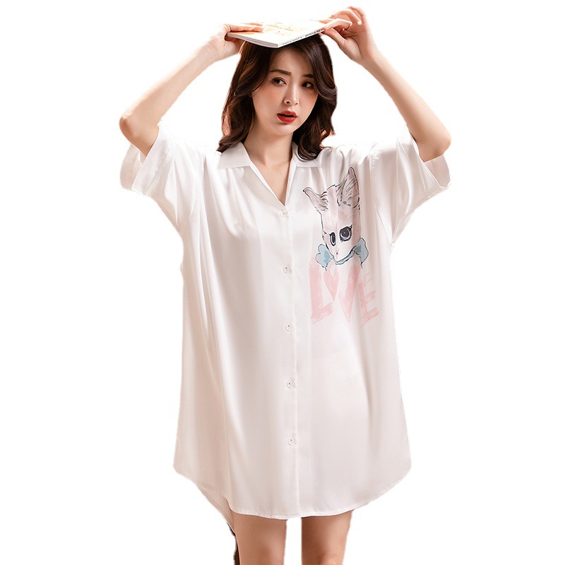 2023 nuevo camisón de seda del hielo verano las mujeres delgada flor gato impresión más tamaño media manga desgaste hogar camisa vestido